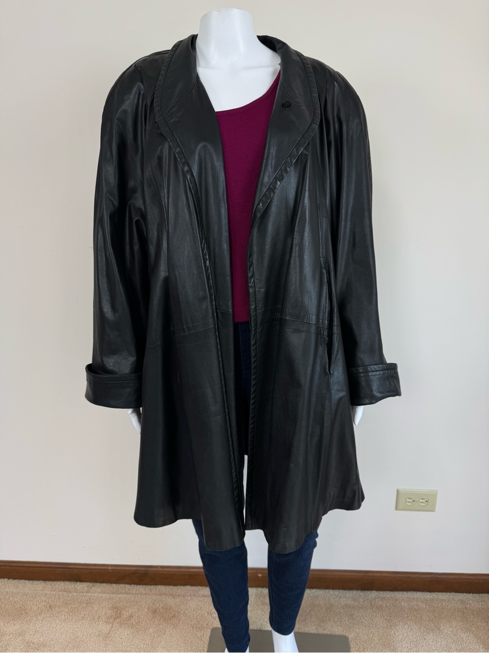 York Furrier Butter Soft Lambskin Leather Coat Black Oversized Y2K A Line Sz S - Picture 7 of 15